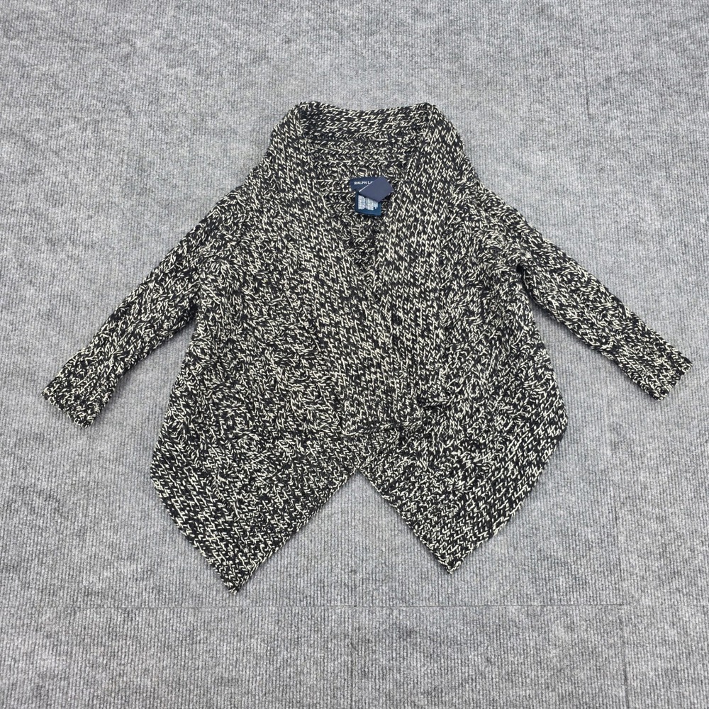Ralph Lauren Girls 3/3T Black White Marled Knit Draped Open Front Cardigan Logo